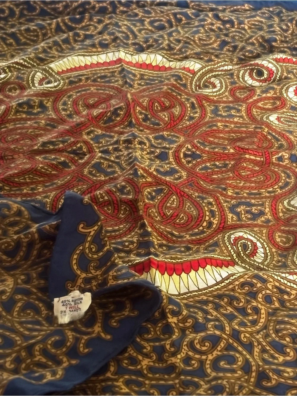 Navy Blue Paisley Silk blend Scarf with Red & Gold Accents